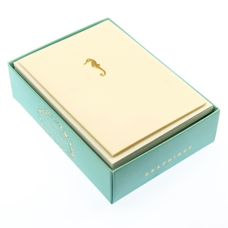Graphique Seahorse La Petite Presse Boxed Notecards - 10 Embossed and Embellished Gold Foil Seahorse Blank Cards with Matching Envelopes, 3.25"" x 4.75""" (L1329CB) - Image 3